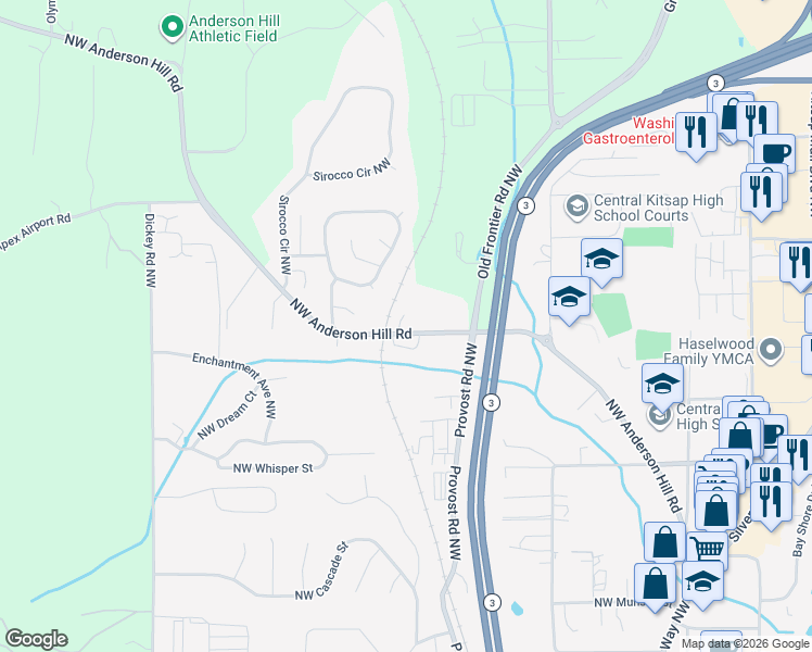 map of restaurants, bars, coffee shops, grocery stores, and more near 4469 Northwest Anderson Hill Road in Silverdale