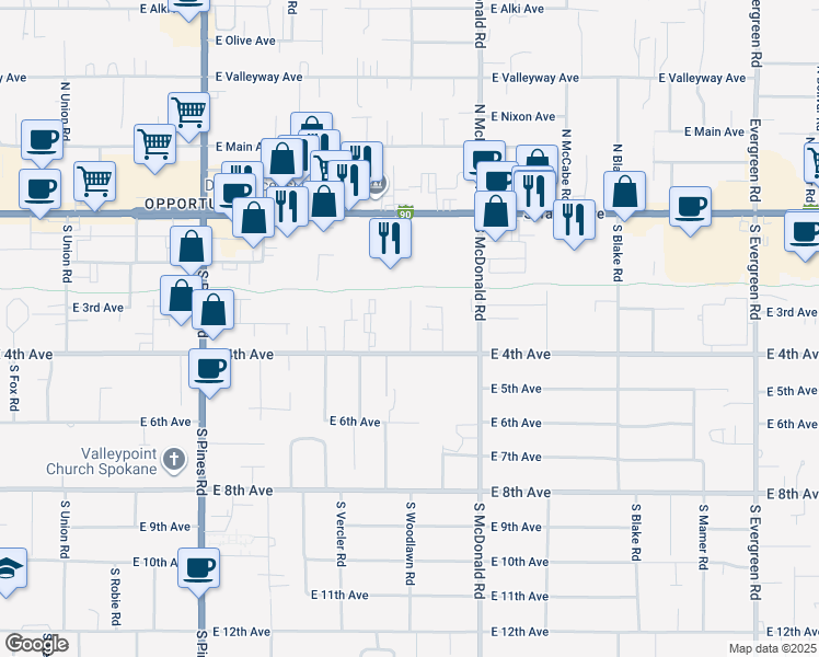 map of restaurants, bars, coffee shops, grocery stores, and more near 12915 East 4th Avenue in Spokane Valley