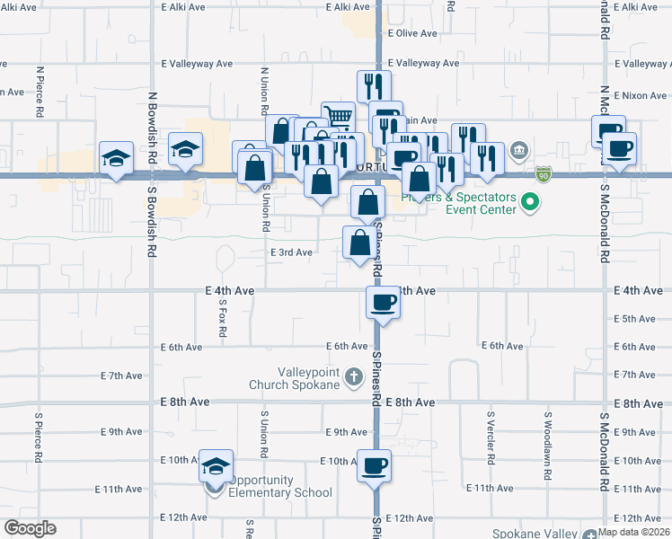 map of restaurants, bars, coffee shops, grocery stores, and more near 12123 East 4th Avenue in Spokane Valley