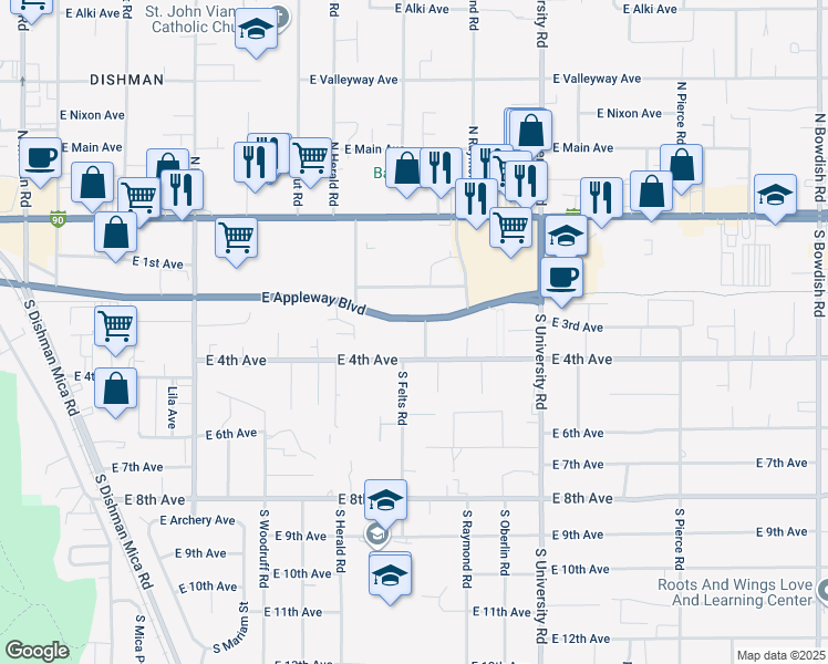 map of restaurants, bars, coffee shops, grocery stores, and more near 10223 East 4th Avenue in Spokane Valley