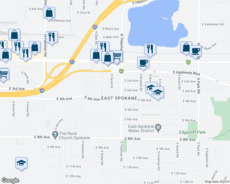map of restaurants, bars, coffee shops, grocery stores, and more near 6517 East 4th Avenue in Spokane Valley