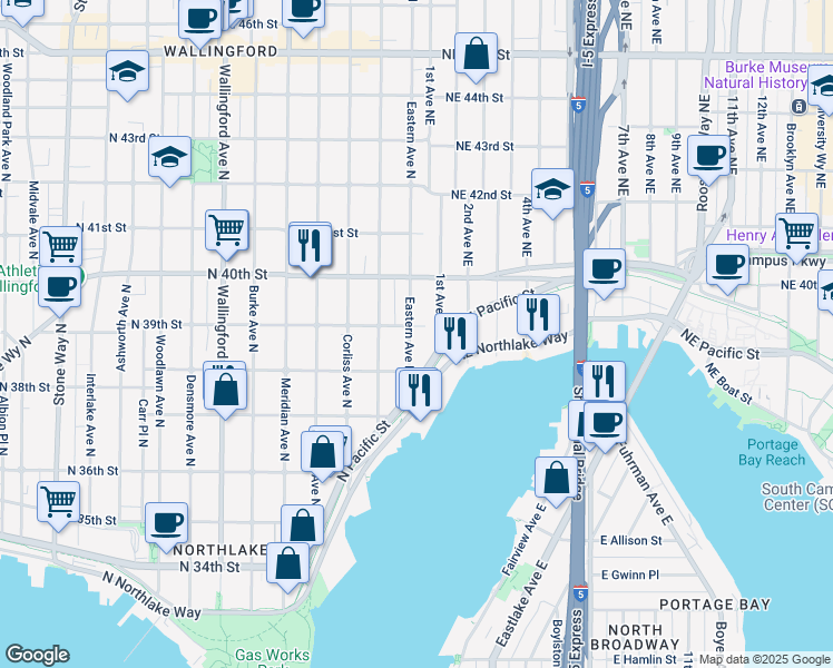map of restaurants, bars, coffee shops, grocery stores, and more near 3811 Eastern Avenue North in Seattle