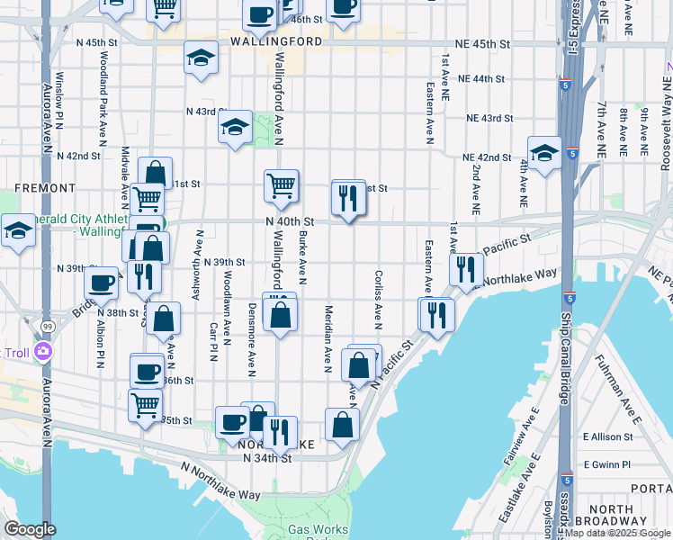 map of restaurants, bars, coffee shops, grocery stores, and more near 3809 Meridian Avenue North in Seattle