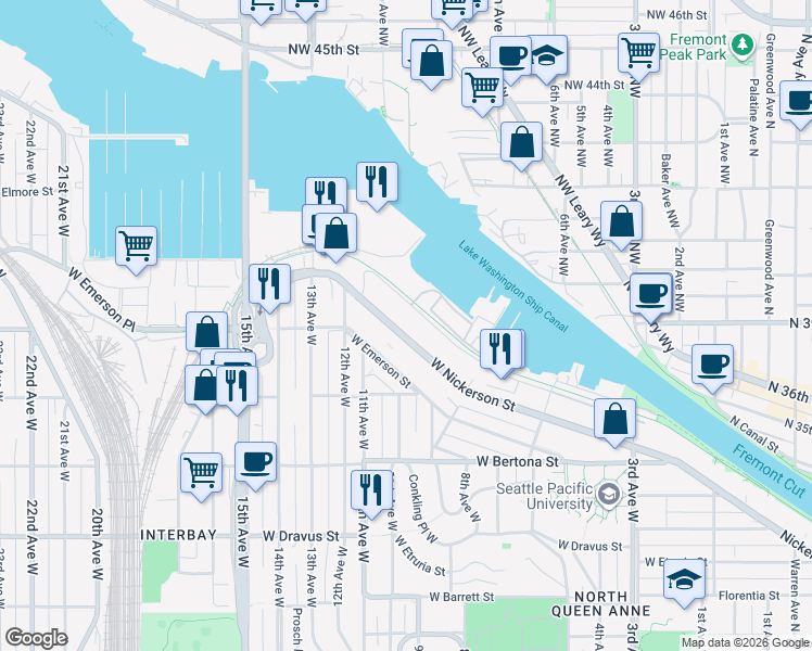 map of restaurants, bars, coffee shops, grocery stores, and more near 965 West Nickerson Street in Seattle