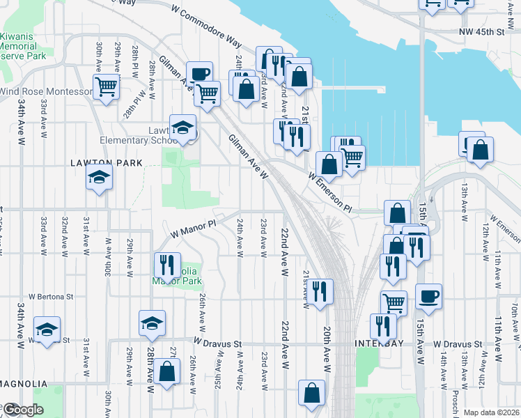 map of restaurants, bars, coffee shops, grocery stores, and more near 3645 23rd Avenue West in Seattle