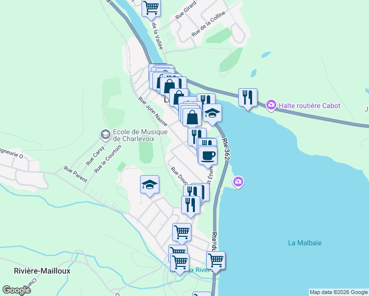 map of restaurants, bars, coffee shops, grocery stores, and more near 130 Rue John Nairne in La Malbaie