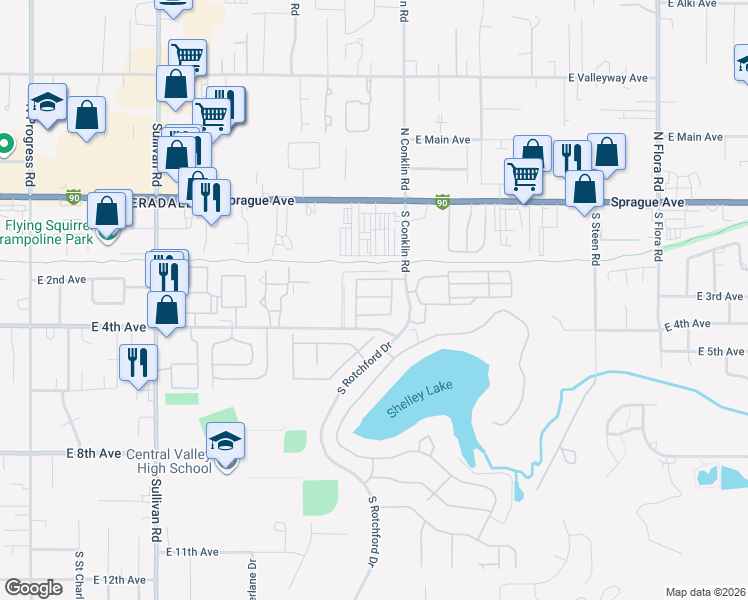 map of restaurants, bars, coffee shops, grocery stores, and more near 304 South Conklin Road in Spokane Valley