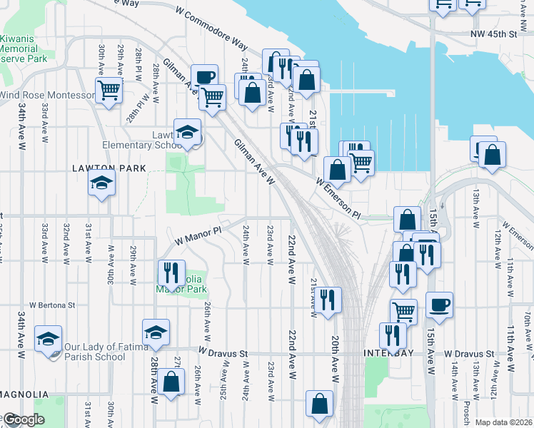 map of restaurants, bars, coffee shops, grocery stores, and more near 3645 23rd Avenue West in Seattle