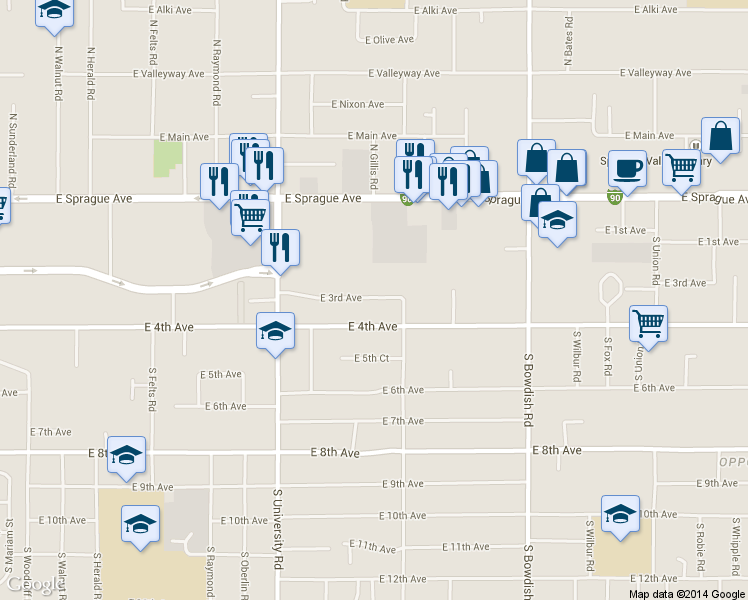 map of restaurants, bars, coffee shops, grocery stores, and more near 10911 East 4th Avenue in Spokane Valley