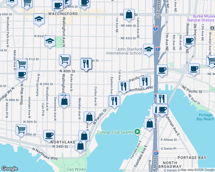 map of restaurants, bars, coffee shops, grocery stores, and more near 2411 North 39th Street in Seattle