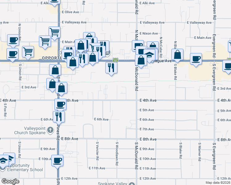 map of restaurants, bars, coffee shops, grocery stores, and more near 12803 East 4th Avenue in Spokane Valley