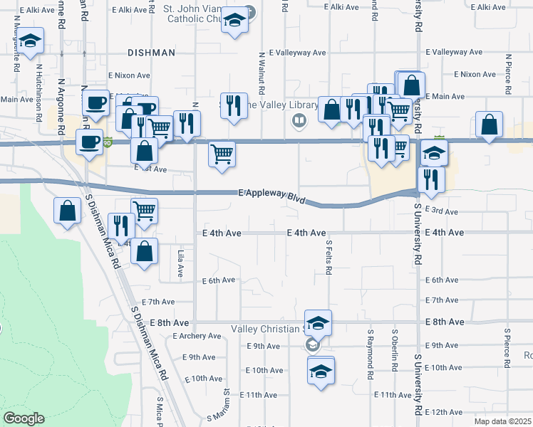 map of restaurants, bars, coffee shops, grocery stores, and more near 10003 East 4th Avenue in Spokane Valley
