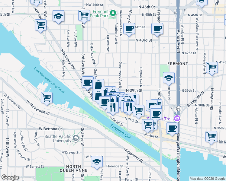 map of restaurants, bars, coffee shops, grocery stores, and more near Palatine Ave N & N 39th St in Seattle