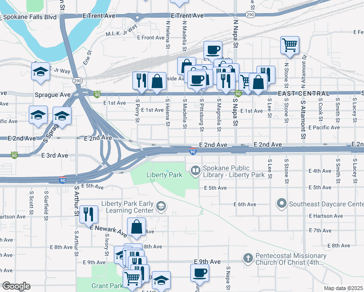 map of restaurants, bars, coffee shops, grocery stores, and more near in Spokane