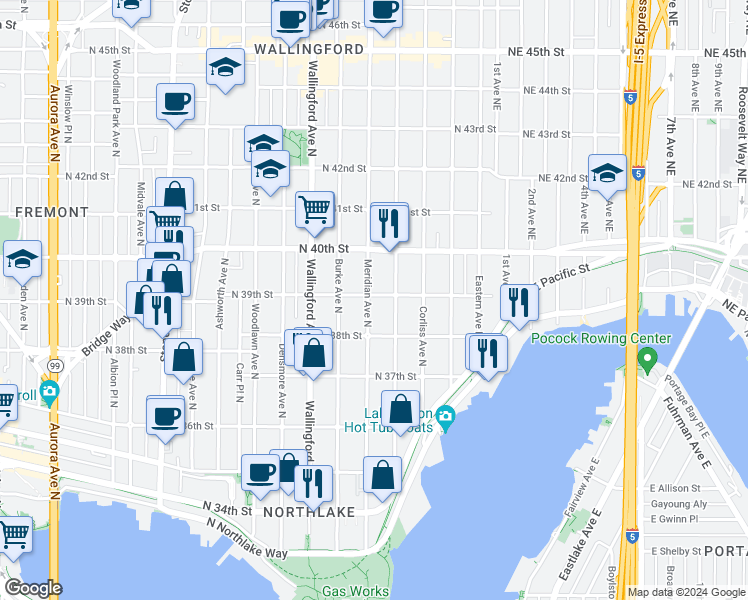 map of restaurants, bars, coffee shops, grocery stores, and more near 3834 Meridian Avenue North in Seattle