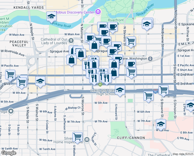 map of restaurants, bars, coffee shops, grocery stores, and more near 810 Interstate 90 Business Loop in Spokane