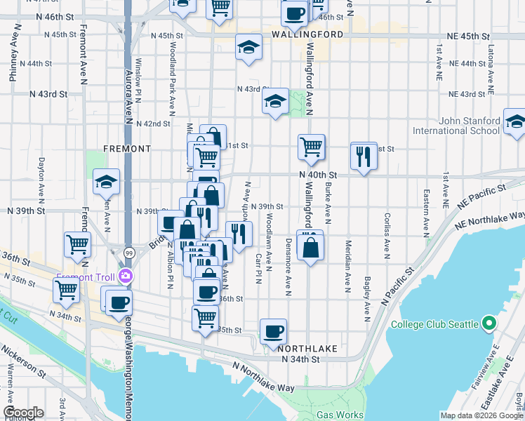 map of restaurants, bars, coffee shops, grocery stores, and more near 3810 Woodlawn Avenue North in Seattle