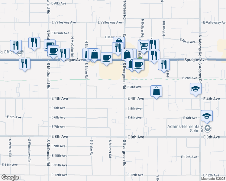 map of restaurants, bars, coffee shops, grocery stores, and more near 13617 East 4th Avenue in Spokane Valley