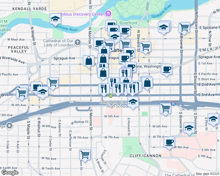 map of restaurants, bars, coffee shops, grocery stores, and more near 206 South Post Street in Spokane