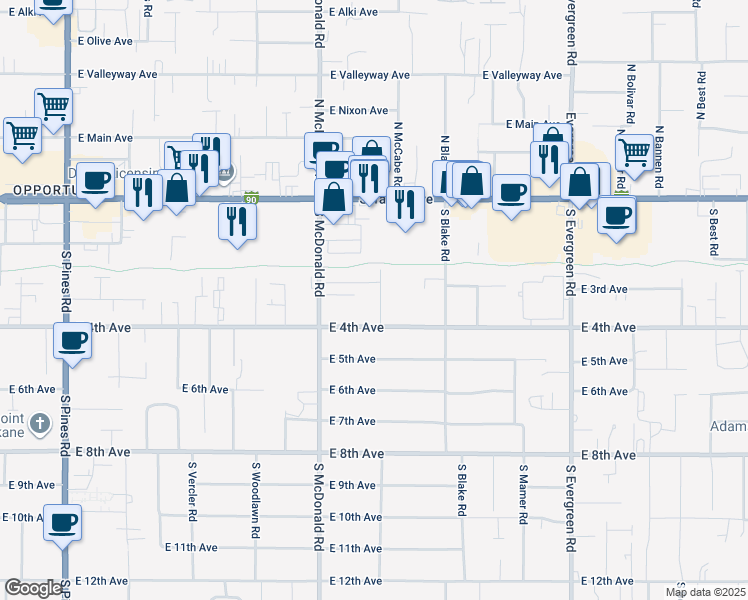 map of restaurants, bars, coffee shops, grocery stores, and more near 13215 East 4th Avenue in Spokane Valley