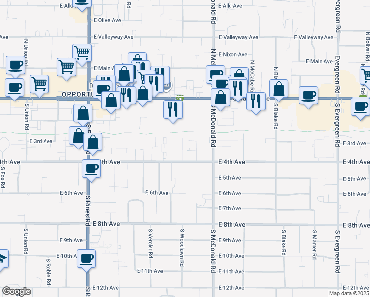 map of restaurants, bars, coffee shops, grocery stores, and more near 12915 East 4th Avenue in Spokane Valley