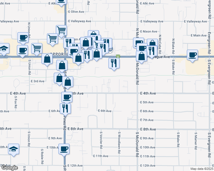 map of restaurants, bars, coffee shops, grocery stores, and more near 12710 East 4th Avenue in Spokane Valley