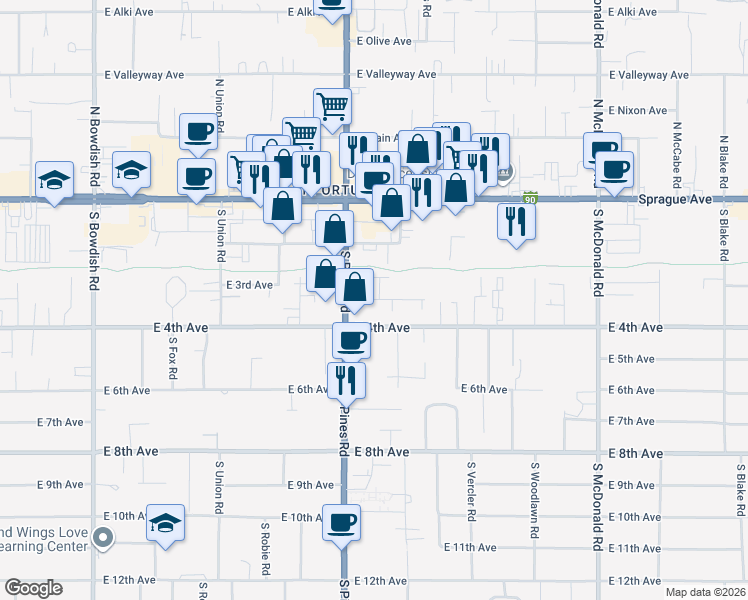 map of restaurants, bars, coffee shops, grocery stores, and more near 12323 East 4th Avenue in Spokane Valley