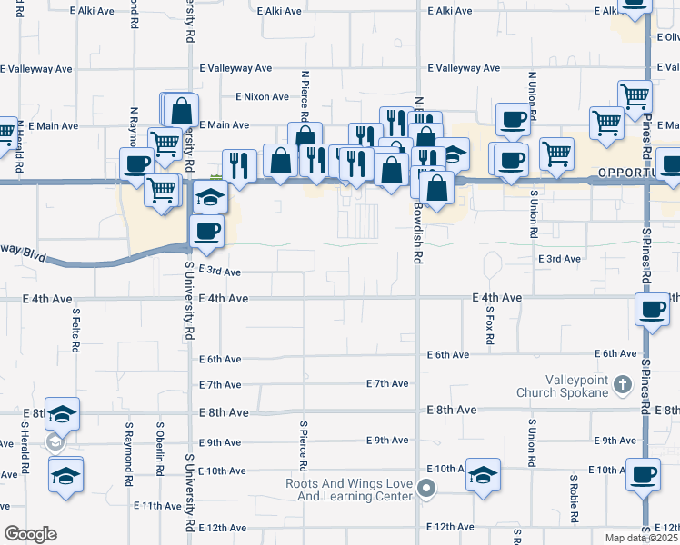 map of restaurants, bars, coffee shops, grocery stores, and more near 11123 East 4th Avenue in Spokane Valley