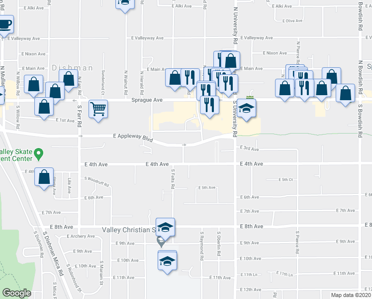 map of restaurants, bars, coffee shops, grocery stores, and more near 329 South Bolivar Road in Spokane Valley