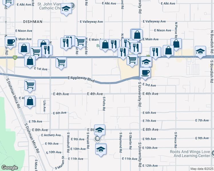 map of restaurants, bars, coffee shops, grocery stores, and more near 10223 East 4th Avenue in Spokane Valley