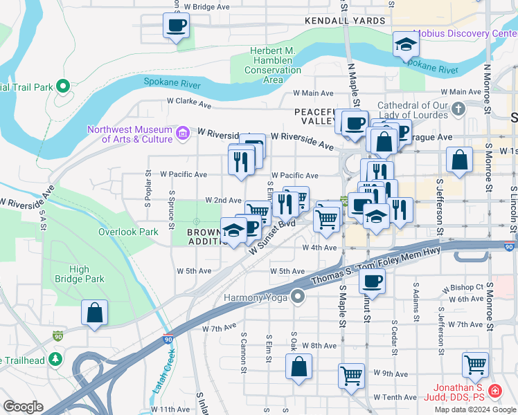 map of restaurants, bars, coffee shops, grocery stores, and more near 1917 West 3rd Avenue in Spokane