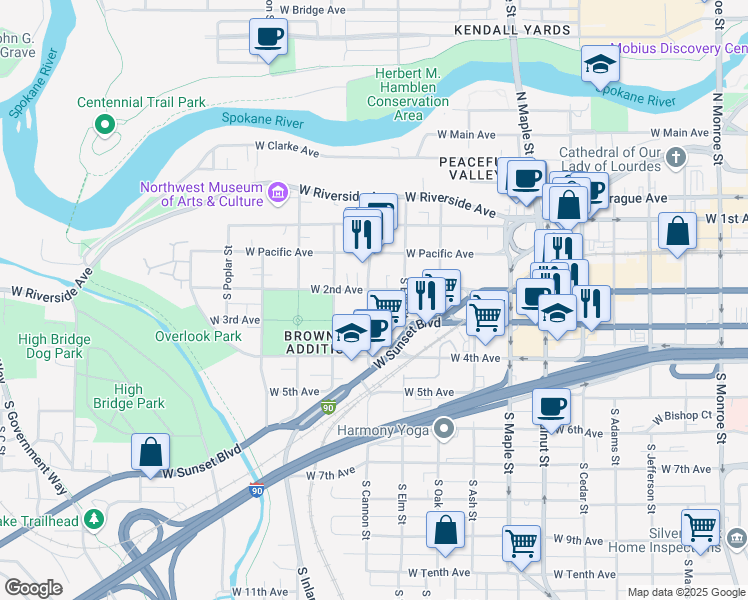 map of restaurants, bars, coffee shops, grocery stores, and more near 1917 West 3rd Avenue in Spokane