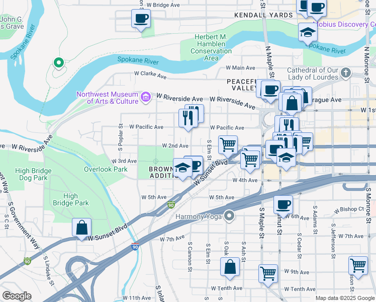 map of restaurants, bars, coffee shops, grocery stores, and more near 2023 West 3rd Avenue in Spokane