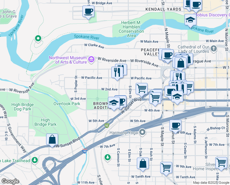 map of restaurants, bars, coffee shops, grocery stores, and more near 2023 West 3rd Avenue in Spokane