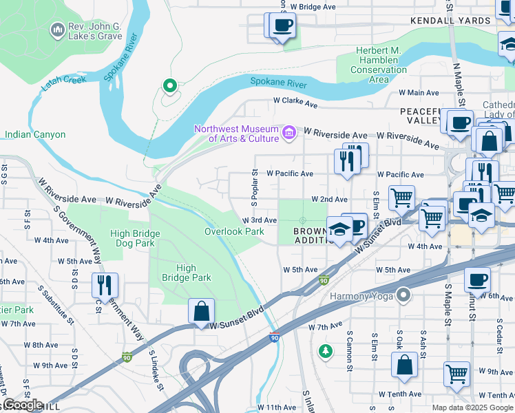 map of restaurants, bars, coffee shops, grocery stores, and more near in Spokane