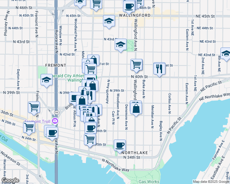 map of restaurants, bars, coffee shops, grocery stores, and more near 3810 Woodlawn Avenue North in Seattle
