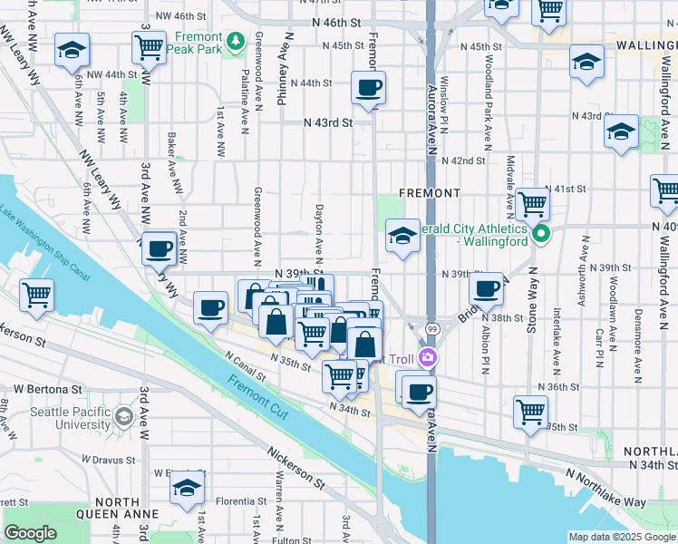 map of restaurants, bars, coffee shops, grocery stores, and more near 3658 Dayton Avenue North in Seattle
