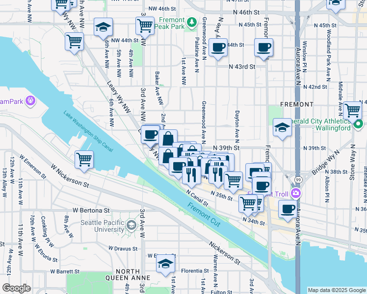 map of restaurants, bars, coffee shops, grocery stores, and more near 3617 1st Avenue Northwest in Seattle