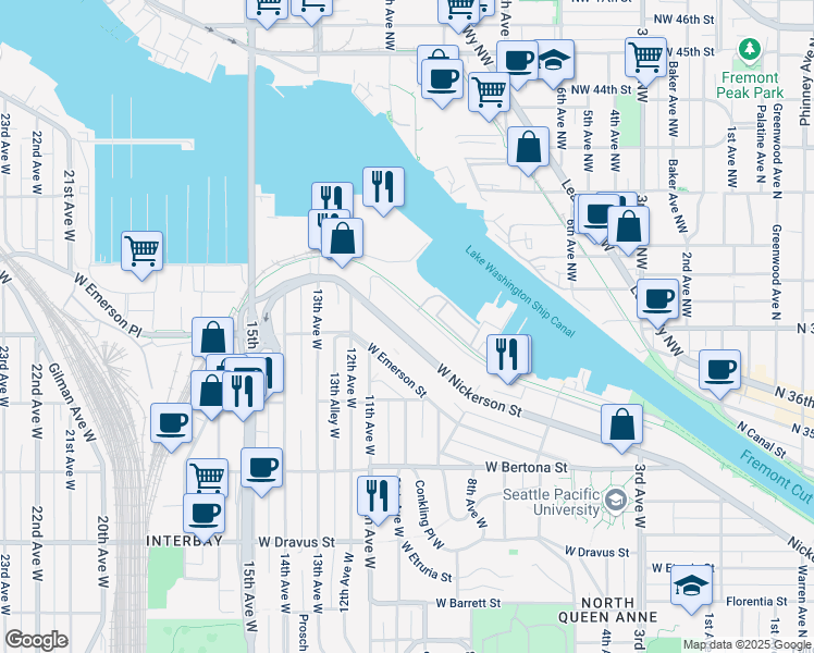map of restaurants, bars, coffee shops, grocery stores, and more near 965 West Nickerson Street in Seattle