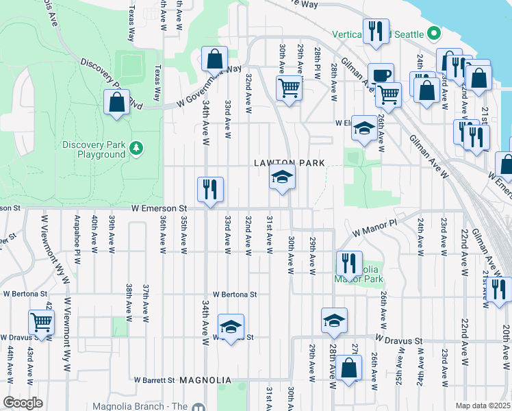 map of restaurants, bars, coffee shops, grocery stores, and more near 3641 32nd Avenue West in Seattle