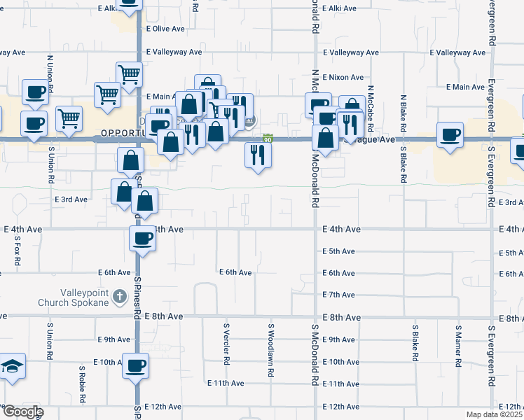 map of restaurants, bars, coffee shops, grocery stores, and more near 12815 East 4th Avenue in Spokane Valley