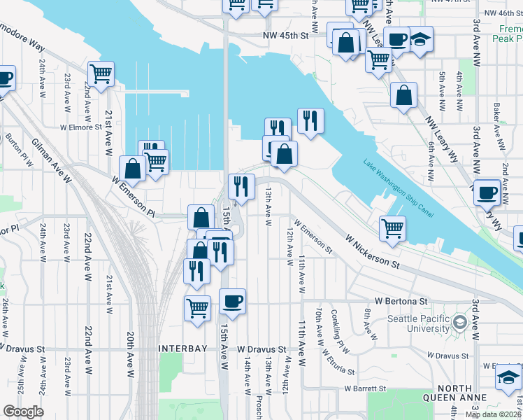 map of restaurants, bars, coffee shops, grocery stores, and more near 3646 14th Avenue West in Seattle