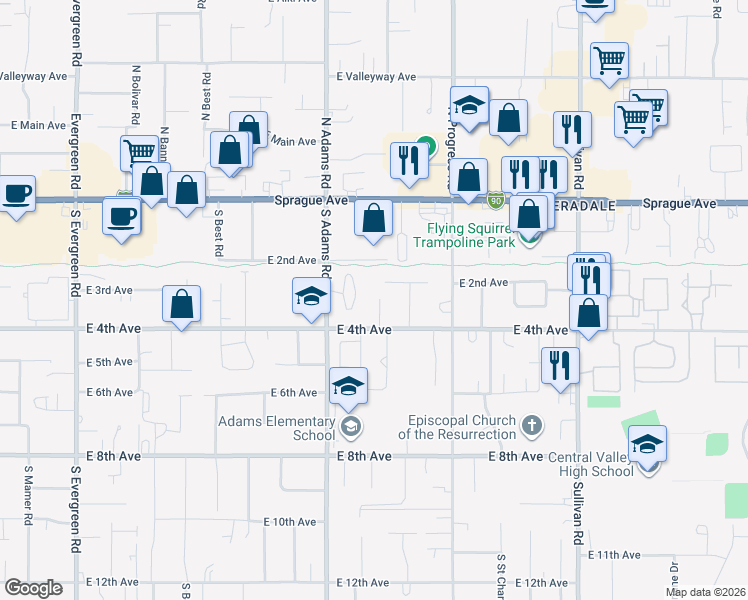 map of restaurants, bars, coffee shops, grocery stores, and more near 14807 East 4th Avenue in Spokane Valley