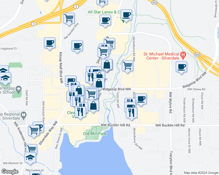 map of restaurants, bars, coffee shops, grocery stores, and more near 9177 Ridgetop Boulevard Northwest in Silverdale