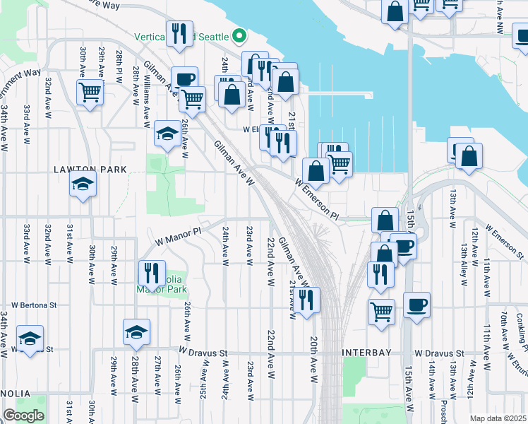 map of restaurants, bars, coffee shops, grocery stores, and more near 3841 Gilman Avenue West in Seattle
