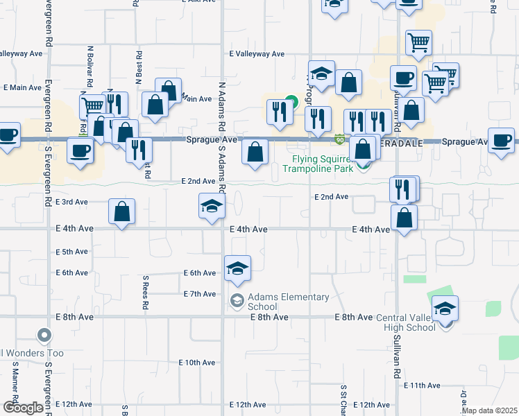 map of restaurants, bars, coffee shops, grocery stores, and more near South Marigold Lane in Spokane Valley