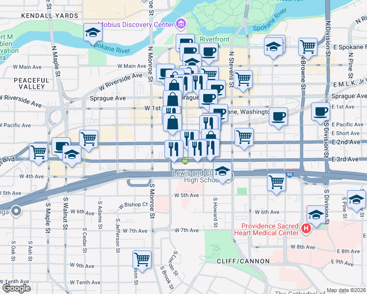 map of restaurants, bars, coffee shops, grocery stores, and more near 206 South Post Street in Spokane