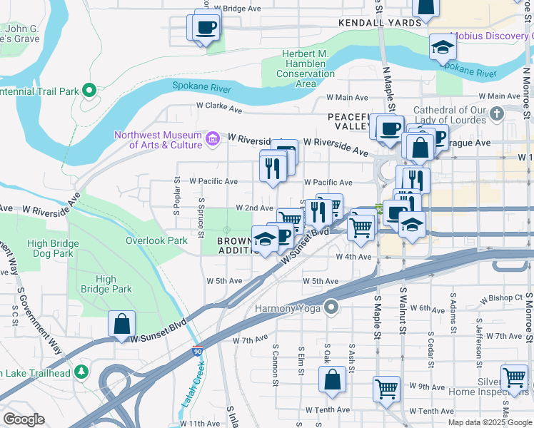 map of restaurants, bars, coffee shops, grocery stores, and more near 2011 West 2nd Avenue in Spokane