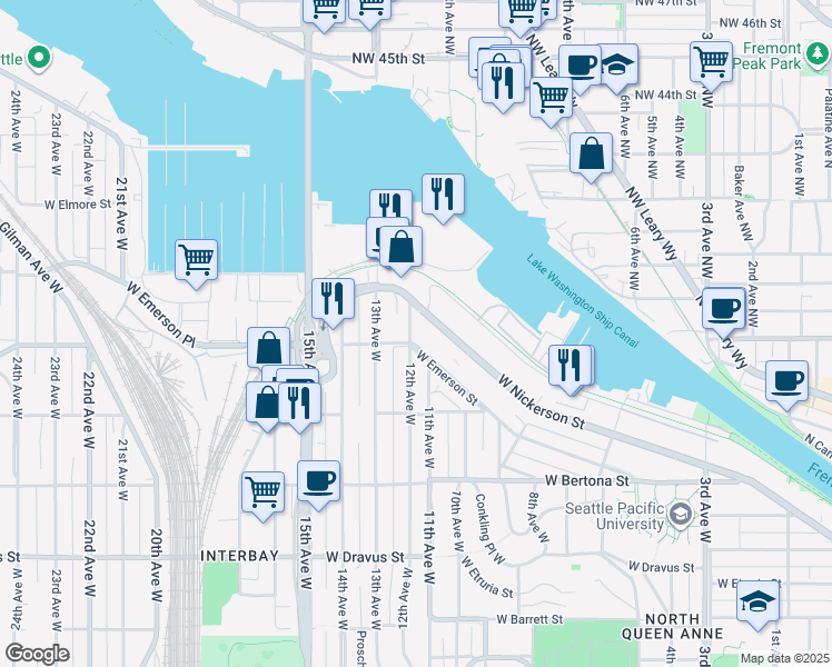 map of restaurants, bars, coffee shops, grocery stores, and more near 1050 11th Avenue West in Seattle