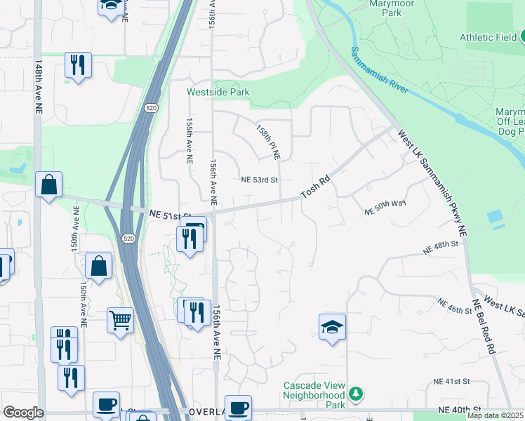 map of restaurants, bars, coffee shops, grocery stores, and more near 5038 158th Avenue Northeast in Redmond